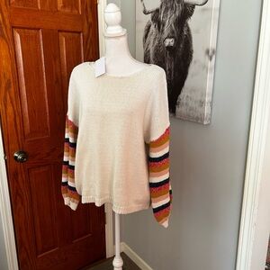 Polagram Cream Sweater with Colorful Striped Sleeves